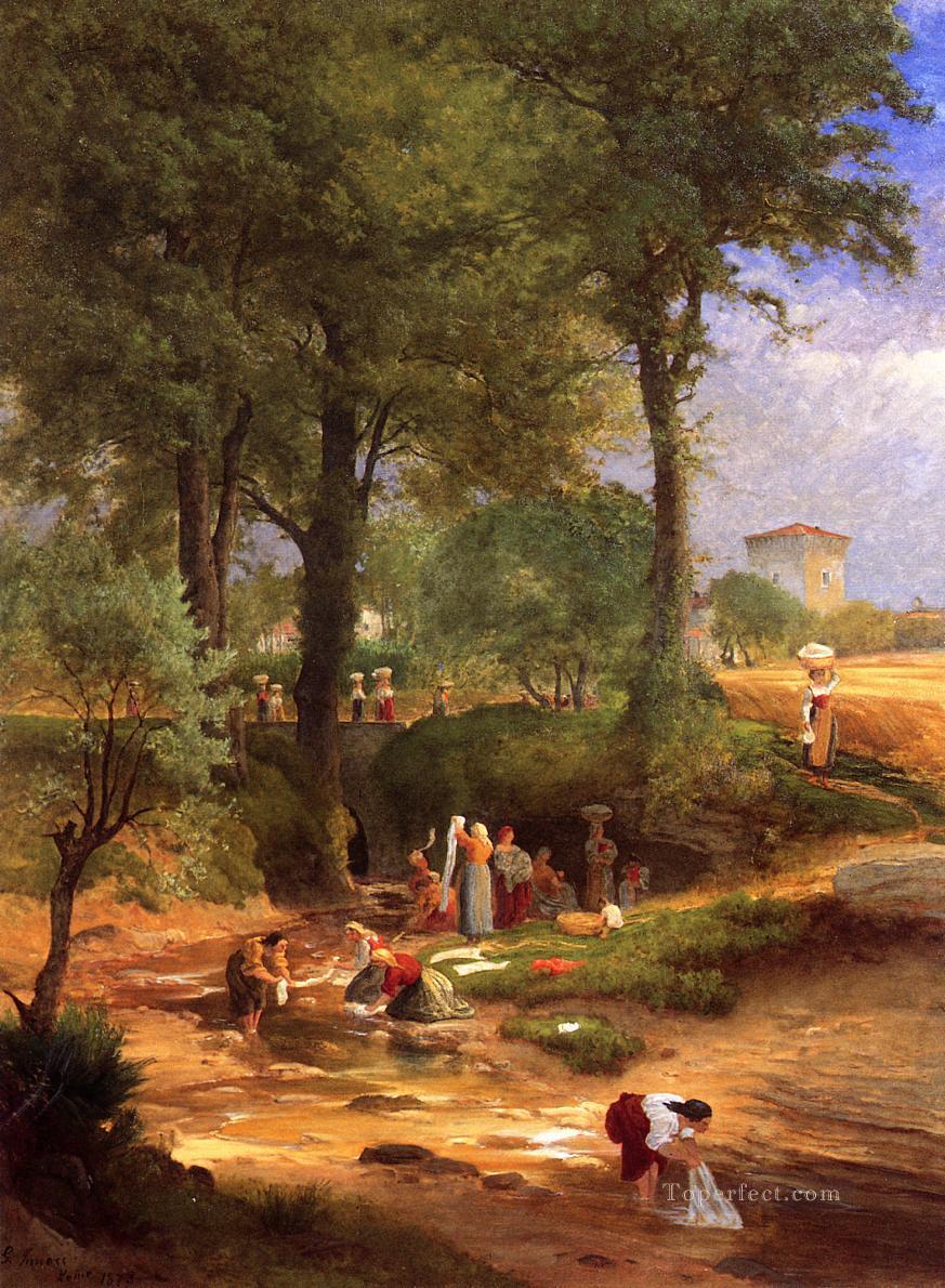 Washing Day near Perugia aka Italian Washerwomen landscape Tonalist George Inness Oil Paintings